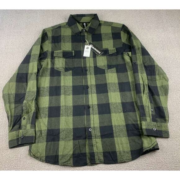 Burnside Men's Size Medium Army Green Black Flannel Shirt Plaid Long Sleeve NWT - Picture 1 of 13